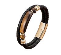 HUIANGLIYG Men'S Black Braided Leather Bracelet Natural Gemstone Double Layer Bracelet with Magnetic Clasp Stylish Bohemian Handmade Wristband Jewelry Gift for Him Tigers Eye Stone Gold 23Cm