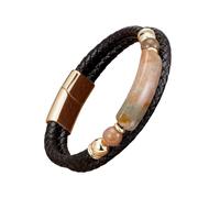 HUIANGLIYG Men'S Black Braided Leather Bracelet Natural Gemstone Double Layer Bracelet with Magnetic Clasp Stylish Bohemian Handmade Wristband Jewelry Gift for Him Morganite Gold 19Cm
