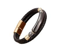 HUIANGLIYG Men'S Black Braided Leather Bracelet Natural Gemstone Double Layer Bracelet with Magnetic Clasp Stylish Bohemian Handmade Wristband Jewelry Gift for Him Hematite Gold 23Cm