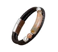 HUIANGLIYG Men'S Black Braided Leather Bracelet Natural Gemstone Double Layer Bracelet with Magnetic Clasp Stylish Bohemian Handmade Wristband Jewelry Gift for Him Morganite Silver 21Cm