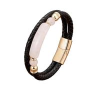 HUIANGLIYG Men'S Black Braided Leather Bracelet Natural Gemstone Double Layer Bracelet with Magnetic Clasp Stylish Bohemian Handmade Wristband Jewelry Gift for Him Rose Quartz Gold 23Cm