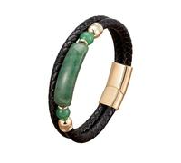 HUIANGLIYG Men'S Black Braided Leather Bracelet Natural Gemstone Double Layer Bracelet with Magnetic Clasp Stylish Bohemian Handmade Wristband Jewelry Gift for Him Green Aventurine Gold 19Cm