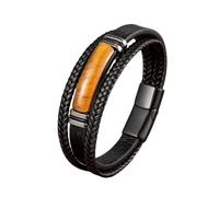 HUIANGLIYG Men'S Black Braided Leather Bracelet Natural Stone Double Layer Leather Wristband with Magnetic Clasp Stylish Vintage Cuff Bangle Gifts for Him Tiger'S Eye Stone 19Cm