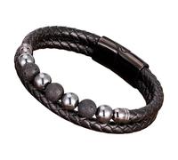 HUIANGLIYG Men'S Black Braided Leather Bracelet Natural Stone Hematite Beaded Bracelet Vintage Double-Layer Braided Wristband Unique Handmade Jewelry Gift For Him Volcanic Stone 21 Cm