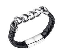 HUIANGLIYG Men'S Black Braided Leather Cuban Chain Bracelet Stylish Two Tone Wristband with Magnetic Clasp Classic Punk Rock Cuff Bangle Trendy Handmade Jewelry Gifts for Him Black 21.5Cm