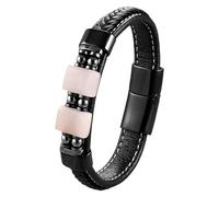 HUIANGLIYG Men'S Black Leather Bracelet Geometric Natural Stone Braided Leather Bracelet With Magnetic Clasp Unisex Cuff Wristband Handmade Jewelry Gift For Men Women Rose Quartz 23 Cm