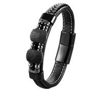 HUIANGLIYG Men'S Black Leather Bracelet Geometric Natural Stone Braided Leather Bracelet With Magnetic Clasp Unisex Cuff Wristband Handmade Jewelry Gift For Men Women Lava Rock A 23 Cm