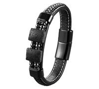 HUIANGLIYG Men'S Black Leather Bracelet Geometric Natural Stone Braided Leather Bracelet With Magnetic Clasp Unisex Cuff Wristband Handmade Jewelry Gift For Men Women Lava Rock B 23 Cm