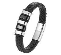HUIANGLIYG Men'S Black Leather Bracelet Stylish Braided Wristband With Magnetic Clasp Classic Handmade Braided Cuff Bracelet Unique Gifts For Dad Friends Brother Sons Black-White 21 Cm