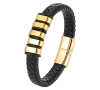 HUIANGLIYG Men'S Black Leather Bracelet Stylish Braided Wristband With Magnetic Clasp Classic Handmade Braided Cuff Bracelet Unique Gifts For Dad Friends Brother Sons Gold 21 Cm
