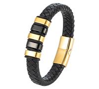 HUIANGLIYG Men'S Black Leather Bracelet Stylish Braided Wristband With Magnetic Clasp Classic Handmade Braided Cuff Bracelet Unique Gifts For Dad Friends Brother Sons Black-Gold 19 Cm