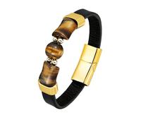 HUIANGLIYG Mens Black Leather Bracelet With Natural Tiger Eye Stone Casual Wrap Leather Bracelet With Magnetic Clasp Unisex Cuff Wristband For Dad Boyfriend Husband Gold 23 Cm