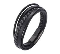 HUIANGLIYG Men'S Black Leather Multi-Strand Bracelet Classic Handwoven Leather Wristband With Magnetic Closure Retro Punk Biker Jewelry Gift For Men Boys Black 22 Cm