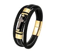 HUIANGLIYG Mens Bracelets, Black onyx Cross Leather Bracelet for Men Multi Layer Braided Faith Wristband with Buckle Handmade Twist Woven Bangle Jewelry Gift for Boys Him Accessories Gold Buckle 23C