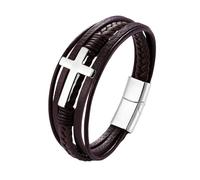 HUIANGLIYG Men'S Bracelets, Cross Brown Leather Bracelet Multi Strand Handmade Braided Cuff Wristband with Magnetic Clasp Unisex Religious Bangle Suitable for Daily Worship Birthday Gifts Silver Buc