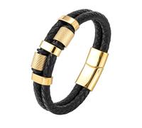 HUIANGLIYG Mens Bracelets, Mens Double Row Black Braided Leather Bracelet Classic Handmade Woven Rope Wristband Casual Business Cuff Bangle with Loops Gift for Boys Him Accessories Gold 22Cm