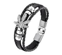 HUIANGLIYG Men'S Bracelets, Men'S Maple Leaf Genuine Bracelet Multi Layer Twist Woven Wristband Classic Handmade Braided Leather Rope Bangle Fashion Retro Jewelry Gift for Couples Black 21Cm