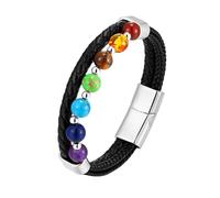 HUIANGLIYG Men'S Bracelets, Natural 7 Chakra Stones Beads Bracelet for Men Women Double Row Twist Braided Genuine Leather Bangle Retro Punk Handmade Wristband Jewelry Gift for Friends Silver Buckle