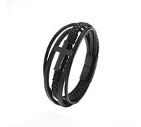 HUIANGLIYG Men'S Braided Genuine Leather Bracelet Cross Multi-Layer Wrap Handmade Wristband Jesus Christ Crucifix Cross Bangle Gift for Son Dad Husband Boyfriend Black 23Cm