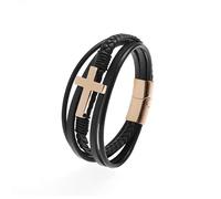 HUIANGLIYG Men'S Braided Genuine Leather Bracelet Cross Multi-Layer Wrap Handmade Wristband Jesus Christ Crucifix Cross Bangle Gift for Son Dad Husband Boyfriend Gold 21Cm