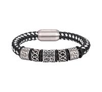 HUIANGLIYG Men'S Braided Genuine Leather Bracelet Retro Punk Carved Tribal Pattern Cuff Bracelet With Magnetic Clasp Handmade Leather Cord Wristband Viking Bangle Gift For Men Black+White 23 Cm
