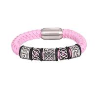HUIANGLIYG Men'S Braided Genuine Leather Bracelet Retro Punk Carved Tribal Pattern Cuff Bracelet With Magnetic Clasp Handmade Leather Cord Wristband Viking Bangle Gift For Men Pink 22 Cm
