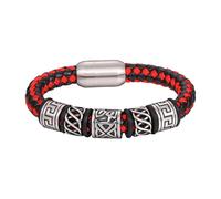 HUIANGLIYG Men'S Braided Genuine Leather Bracelet Retro Punk Carved Tribal Pattern Cuff Bracelet With Magnetic Clasp Handmade Leather Cord Wristband Viking Bangle Gift For Men Black+Red 23 Cm