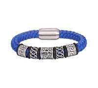 HUIANGLIYG Men'S Braided Genuine Leather Bracelet Retro Punk Carved Tribal Pattern Cuff Bracelet With Magnetic Clasp Handmade Leather Cord Wristband Viking Bangle Gift For Men Blue 23 Cm