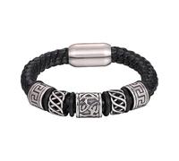 HUIANGLIYG Men'S Braided Genuine Leather Bracelet Retro Punk Carved Tribal Pattern Cuff Bracelet With Magnetic Clasp Handmade Leather Cord Wristband Viking Bangle Gift For Men Black 20 Cm