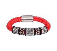 HUIANGLIYG Men'S Braided Genuine Leather Bracelet Retro Punk Carved Tribal Pattern Cuff Bracelet With Magnetic Clasp Handmade Leather Cord Wristband Viking Bangle Gift For Men Red 21 Cm