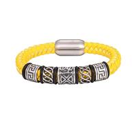 HUIANGLIYG Men'S Braided Genuine Leather Bracelet Retro Punk Carved Tribal Pattern Cuff Bracelet With Magnetic Clasp Handmade Leather Cord Wristband Viking Bangle Gift For Men Yellow 20 Cm