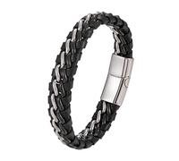 HUIANGLIYG Men'S Braided Genuine Leather Link Chain Bracelet Classic Double Band Black Woven Leather Bangle with Magnetic Clasp Vintage Punk Chain Wristband Gift for Him Accessories Silver + Black 2
