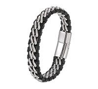 HUIANGLIYG Men'S Braided Genuine Leather Link Chain Bracelet Classic Double Band Black Woven Leather Bangle with Magnetic Clasp Vintage Punk Chain Wristband Gift for Him Accessories Silver + Silver