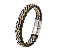 HUIANGLIYG Men'S Braided Genuine Leather Link Chain Bracelet Classic Double Band Black Woven Leather Bangle with Magnetic Clasp Vintage Punk Chain Wristband Gift for Him Accessories Silver + Gold 18