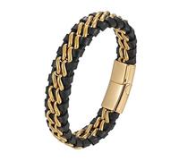 HUIANGLIYG Men'S Braided Genuine Leather Link Chain Bracelet Classic Double Band Black Woven Leather Bangle with Magnetic Clasp Vintage Punk Chain Wristband Gift for Him Accessories Gold + Gold 18.5