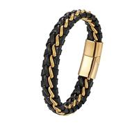 HUIANGLIYG Men'S Braided Genuine Leather Link Chain Bracelet Classic Double Band Black Woven Leather Bangle with Magnetic Clasp Vintage Punk Chain Wristband Gift for Him Accessories Gold + Black 21C