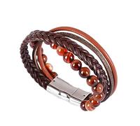 HUIANGLIYG Men'S Braided Leather Bracelet Natural Stone Beads Bracelet Multi-Layer Wrap Wristband With Magnetic Clasp Fashion Jewelry Gift For Father Boyfriend Orange Jade 21 Cm