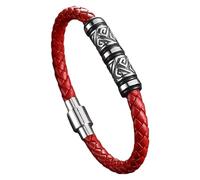 HUIANGLIYG Men'S Braided Leather Bracelet Viking Vintage Tribal Pattern Leather Wristband With Magnetic Clasp Fashion Statement Jewelry Gifts For Men Women Red 20 Cm