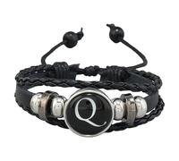 HUIANGLIYG Men'S Braided Leather Bracelet With Initials Engraved, Adjustable A-Z Initials Black Hematite Stone Bracelet For Men Women, Gifts For Birthday Anniversary Q 21 Cm