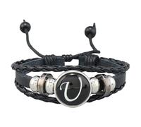 HUIANGLIYG Men'S Braided Leather Bracelet With Initials Engraved, Adjustable A-Z Initials Black Hematite Stone Bracelet For Men Women, Gifts For Birthday Anniversary U 21 Cm