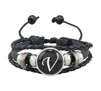 HUIANGLIYG Men'S Braided Leather Bracelet With Initials Engraved, Adjustable A-Z Initials Black Hematite Stone Bracelet For Men Women, Gifts For Birthday Anniversary V 21 Cm