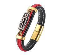 HUIANGLIYG Men'S Braided Leather Bracelet with Nine Eyed Dzi Bead Handmade Twist Weave Leather Wristband Vintage Ethnic Style Tibetan Bangle Amulet Jewelry Gift with Box Red 20Cm