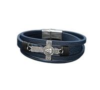 HUIANGLIYG Men'S Celtic Cross Leather Bracelet Multi Layer Braided Leather Wristband with Magnetic Clasp Vintage Cross Religious Bracelet Viking Jewellery Casual Gift for Him Navy Blue 21.5Cm