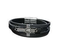HUIANGLIYG Men'S Celtic Cross Leather Bracelet Multi Layer Braided Leather Wristband with Magnetic Clasp Vintage Cross Religious Bracelet Viking Jewellery Casual Gift for Him Black 21.5Cm