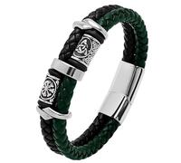 HUIANGLIYG Men'S Celtic Knot Leather Bracelet Double Row Braided Leather Wristband with Magnetic Clasp Viking Bracelets for Men Unique Gothic Punk Jewellery Gift Black and Green Leather 19.5Cm