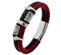 HUIANGLIYG Men'S Celtic Knot Leather Bracelet Double Row Braided Leather Wristband with Magnetic Clasp Viking Bracelets for Men Unique Gothic Punk Jewellery Gift Black and Red Leather 21.5Cm