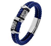 HUIANGLIYG Men'S Celtic Knot Leather Bracelet Double Row Braided Leather Wristband with Magnetic Clasp Viking Bracelets for Men Unique Gothic Punk Jewellery Gift Double Blue Leather 21.5Cm