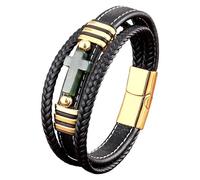HUIANGLIYG Mens Cuff Cross Bracelets Natural Stone Cross Black Multilayer Braided Wristband With Magnetic Clasp Unisex Wrap Bracelet Religious Punk Jewelry Gifts Gold-4 21 Cm