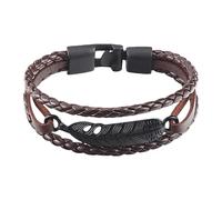 HUIANGLIYG Men'S Double-Layer Braided Genuine Leather Bracelet Creative Feather Charm Wrap Braided Bracelet With Secure Clasp Vintage Handwoven Rope Wristband Brown 19 Cm