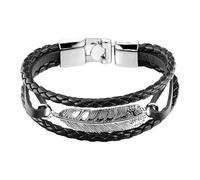 HUIANGLIYG Men'S Double-Layer Braided Genuine Leather Bracelet Creative Feather Charm Wrap Braided Bracelet With Secure Clasp Vintage Handwoven Rope Wristband Black+White 21 Cm